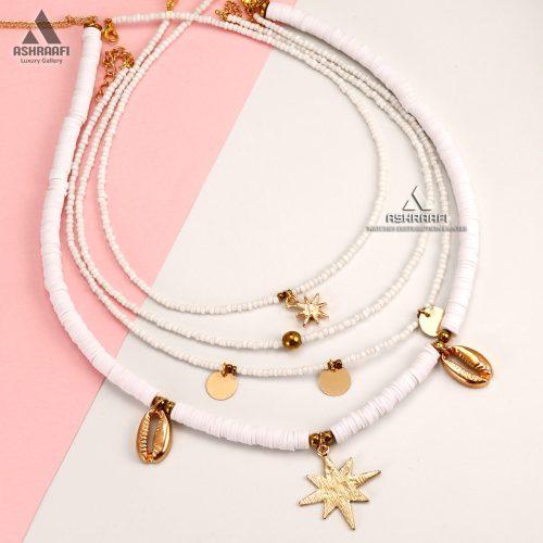 خرید گردنبند چهار لاین مهره ای سفید