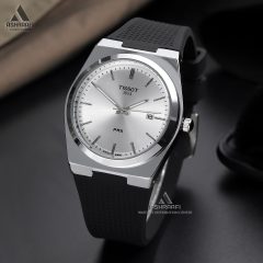 ساعت تیسوت صفحه نقره ای بند مشکی