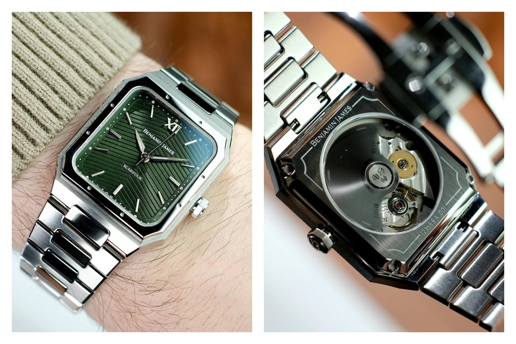 ساعت بنجامین اسکارفور اتوماتیک سبز، نماهای جلو و پشت