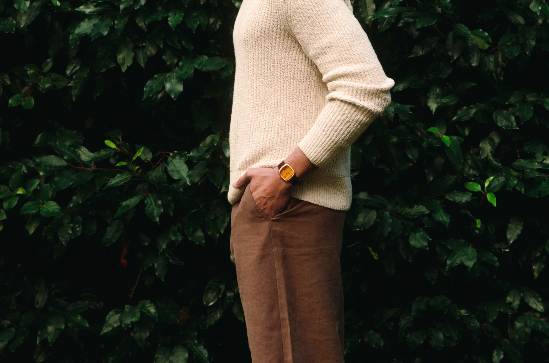 فردی که ساعت دنیسون ALD با صفحه سنگ چشم ببر را به دست دارد