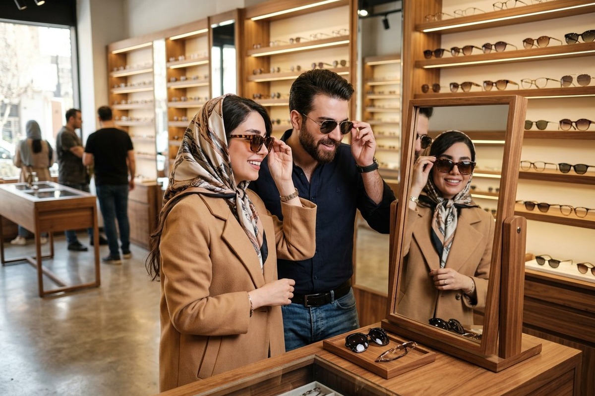 امتحان کردن عینک آفتابی مناسب فرم صورت در فروشگاه