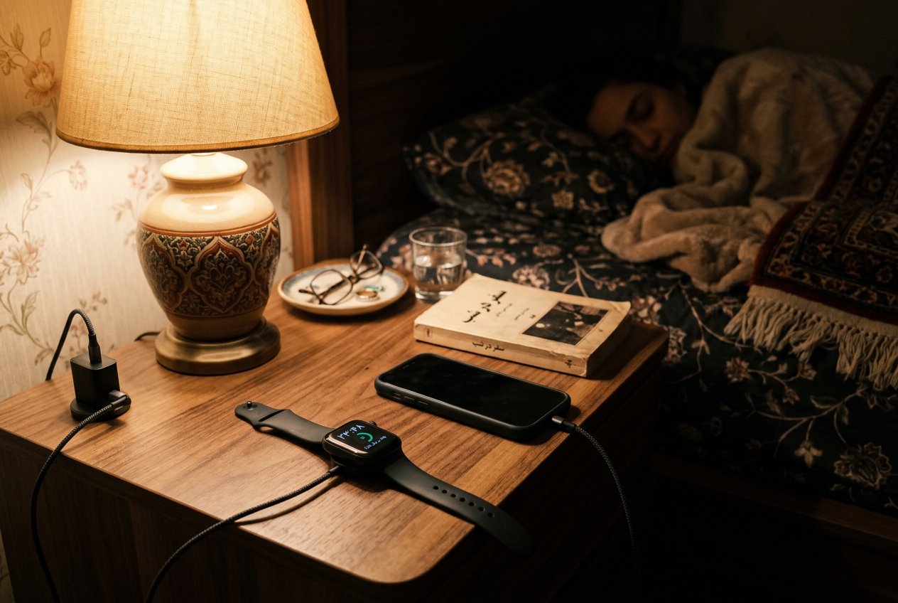 عادت صحیح شارژ ساعت هوشمند روی پایه کنار تخت