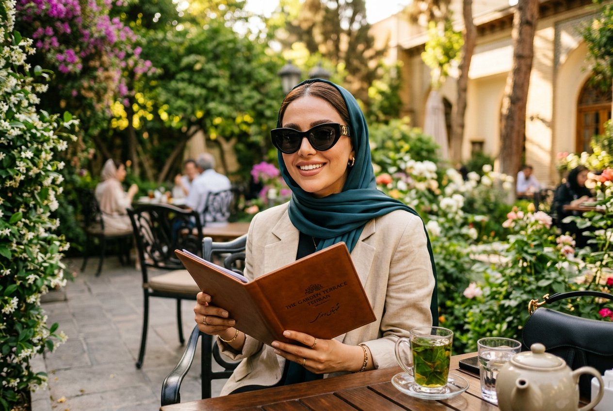 خانم ایرانی شیک با عینک آفتابی فشن بزرگ گربه‌ای در کافه فضای باز تهران