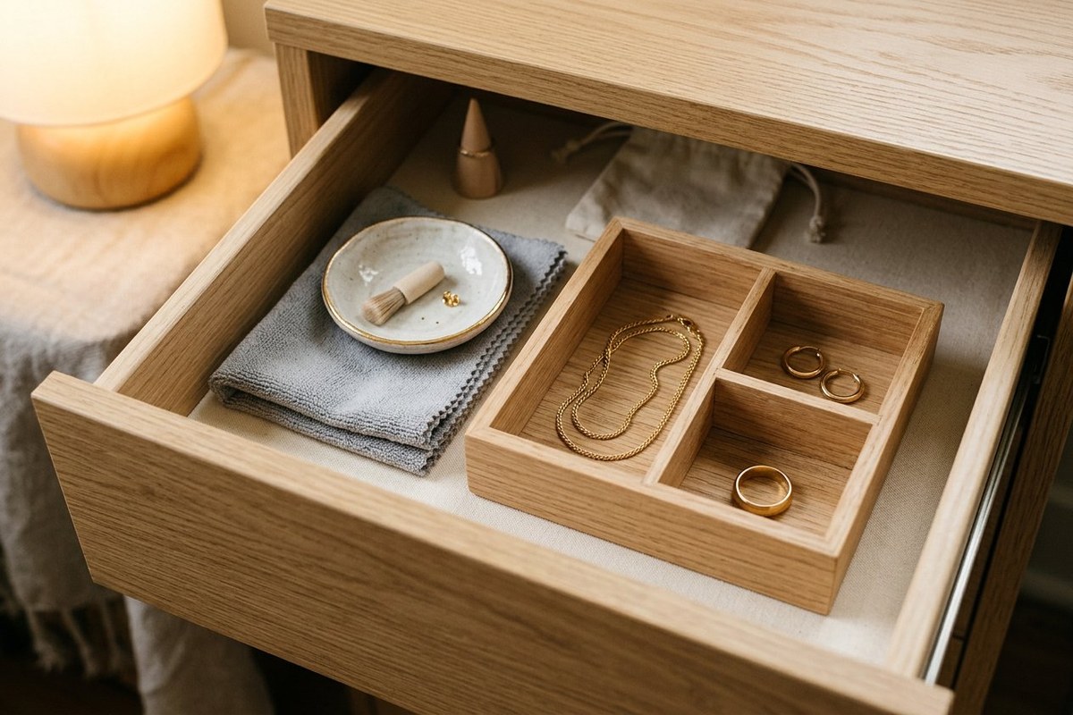 سرویس مراقبت از زیورآلات: سینی چوبی با زنجیر، گوشواره و انگشتر در کنار دستمال میکروفایبر