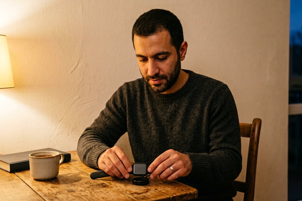 گذاشتن ساعت هوشمند روی شارژر مغناطیسی رومیزی در نور عصر