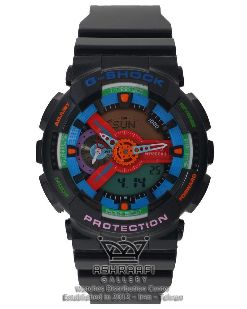 فروش ساعت جی شاک بدنه و بند مشکی و صفحه چند رنگ
