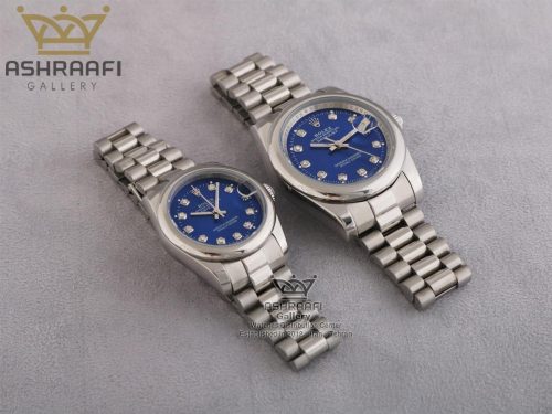 ساعت ست تمام نقره ای صفحه سورمه ای ROLEX DateJust Per2